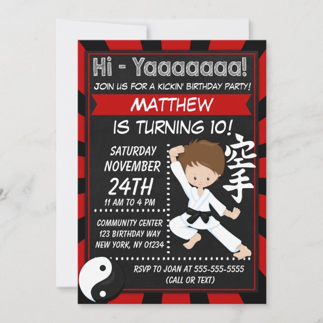 Karate Party Brown Hair Boy Kids Birthday Party Invitation (Front)