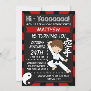 Karate Party Brown Hair Boy Kids Birthday Party Invitation