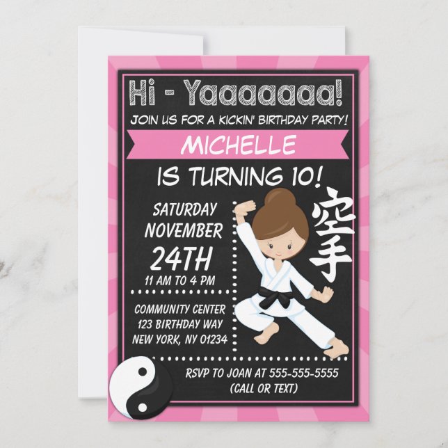 Karate Party Brown Hair Girl Kids Birthday Party Invitation (Front)