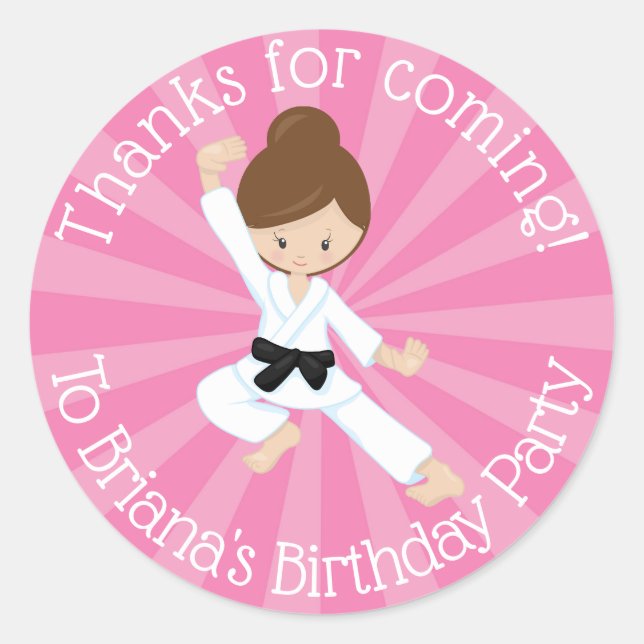 Karate Party Favour Sticker Brown Hair Girl (Front)
