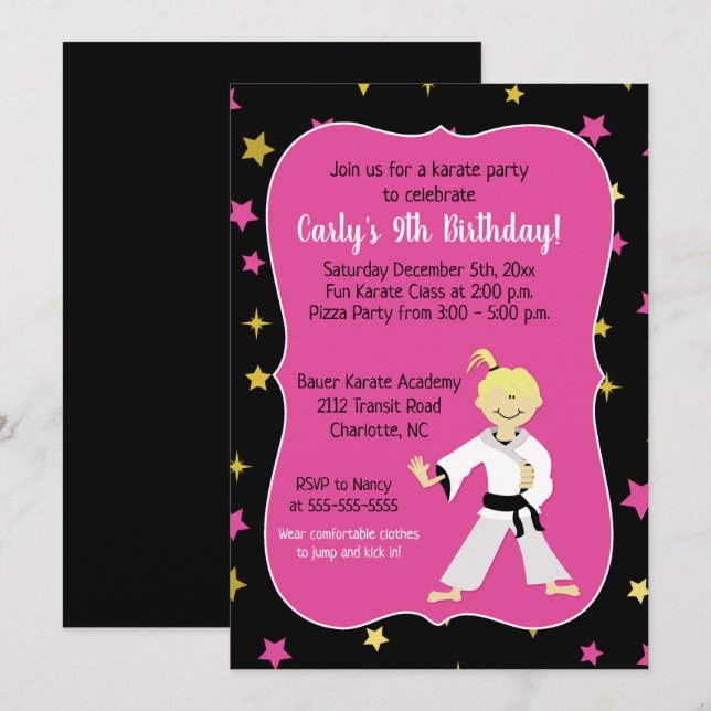 Karate Party Girl Birthday Invites (Front/Back)