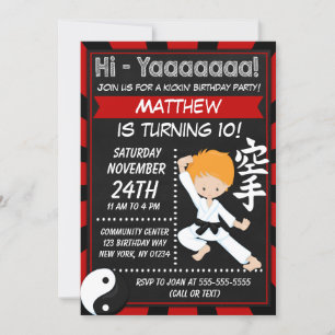 Karate Party Red Hair Boy Kids Birthday Party Invitation