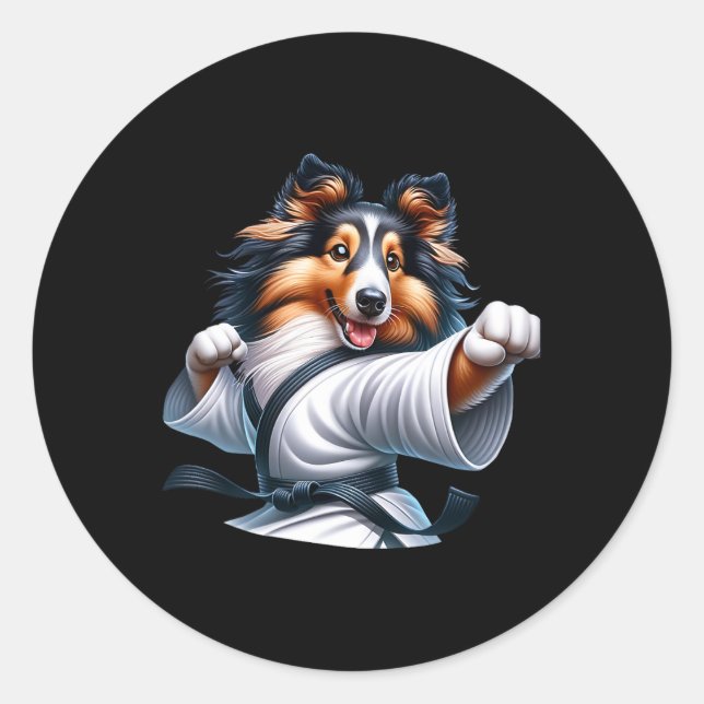 Karate Shetland Sheepdog Funny Humour Animal Lover Classic Round Sticker (Front)