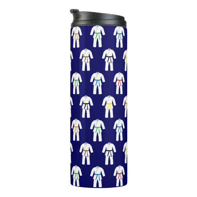 Karate Suits Pattern on Navy Blue Thermal Tumbler (Rotated Right)