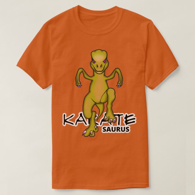 Karatesaurus Raptor Crane Kick Funny Dino Karate T-Shirt (Design Front)