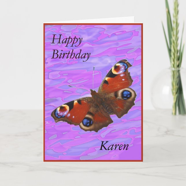 Karen Happy Birthday Peacock Butterfly card (Front)