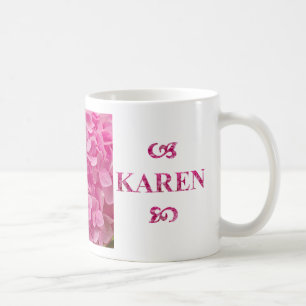 "Karen" Name, Cute Pink Hydrangea Floral Lettering Coffee Mug