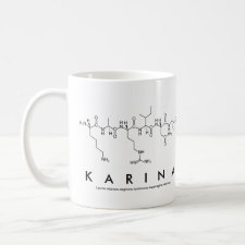 Mug featuring the name Karina spelled out in the single letter amino acid code