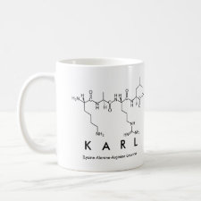 Mug featuring the name Karl spelled out in the single letter amino acid code