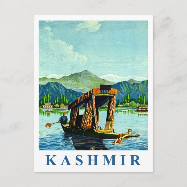 Kashmir, traditional boat on lake, vintage travel postcard (Front)
