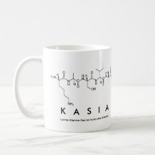Mug featuring the name Kasia spelled out in the single letter amino acid code