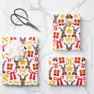 Kasky Cute Christmas Reindeer With Red Present  Wrapping Paper Sheet