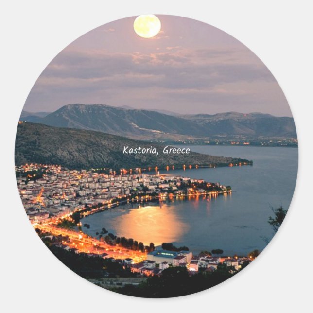 Kastoria, Greece (labelled, Moonlight, Classic Round Sticker (Front)