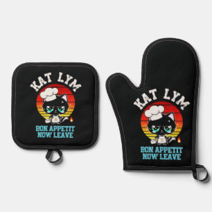 Kat Lym Sarcastic Chef Cat - Bon Appetit Now Leave Oven Mitt & Pot Holder Set