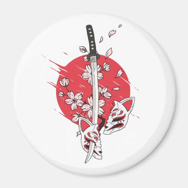 Katana cherry blossom fox mask magnet (Front)