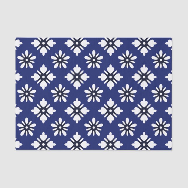 Katazome white flowers on indigo tissue paper (Front)