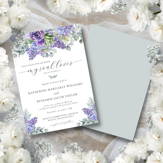 Katherine Purple Floral Christian Faith Wedding Invitation (Katherine Christian wedding invitation with purple succulents and eucalyptus greenery.)