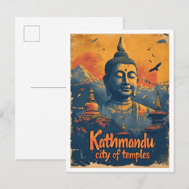 Kathmandu Nepal Vintage Art Travel Illustration Postcard (Front/Back)