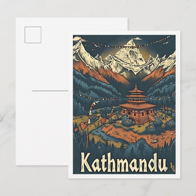 Kathmandu Nepal Vintage Art Travel Illustration Postcard (Front/Back)