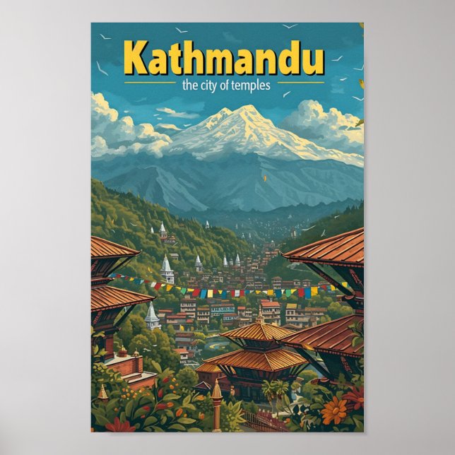Kathmandu Nepal Vintage Art Travel Illustration Poster (Front)