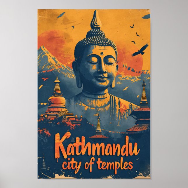 Kathmandu Nepal Vintage Art Travel Illustration Poster (Front)