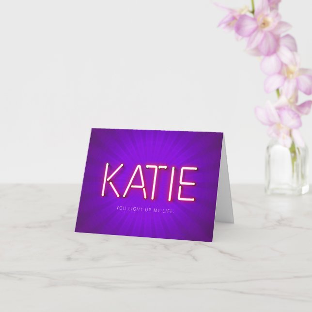 Katie name in glowing neon lights card (Orchid)