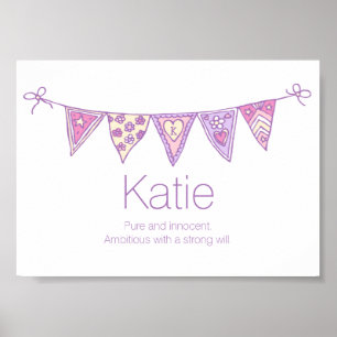 Katie name meaning purple pink drawn bunting poster