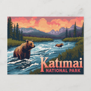 Katmai Bears Fishing River Vintage Art Postcard
