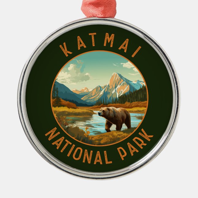 Katmai National Park Bear Retro Distressed Circle Metal Tree Decoration (Front)