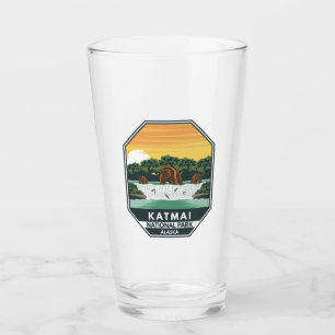 Katmai National Park Grizzly Bears Retro Emblem Glass