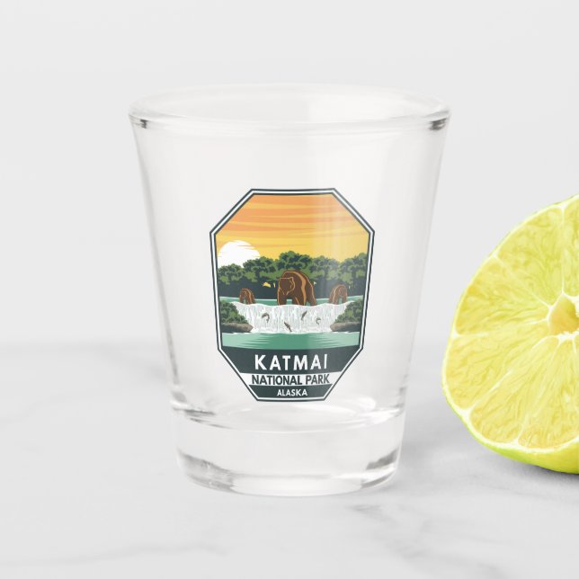 Katmai National Park Grizzly Bears Retro Emblem Shot Glass (Front)