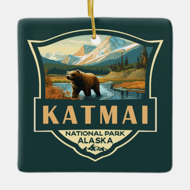 Katmai National Park Illustration Retro Badge Ceramic Ornament (Front)