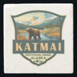 Katmai National Park Illustration Retro Badge Stone Coaster<br><div class="desc">Katmai vector artwork design. The Valley of Ten Thousand Smokes is an area of lava flows and ash formed by a massive volcanic eruption</div>