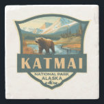 Katmai National Park Illustration Retro Badge Stone Coaster<br><div class="desc">Katmai vector artwork design. The Valley of Ten Thousand Smokes is an area of lava flows and ash formed by a massive volcanic eruption</div>