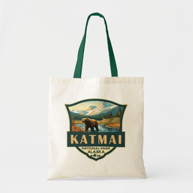Katmai National Park Illustration Retro Badge Tote Bag (Front)