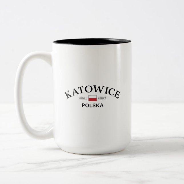 Katowice Polska (Poland) Polish Coordinates Two-Tone Coffee Mug (Left)