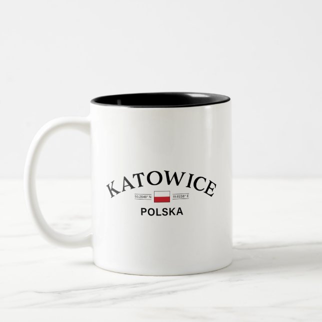 Katowice Polska (Poland) Polish Coordinates Two-Tone Coffee Mug (Left)