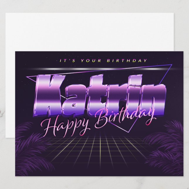 Katrin first name purple retro card birthday (Front/Back)