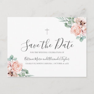 Katrina Christian Cross Greenery Save the Date Announcement Postcard