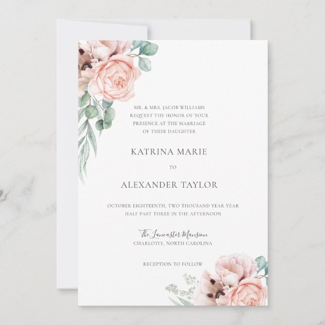 Katrina Pink Boho Watercolor Flowers Wedding  Invitation (Front)