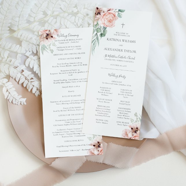 Katrina Pink Floral Catholic Wedding Program Mass (Creator Uploaded)