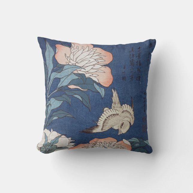 Katsushika Hokusai Peonies and Canary Cushion (Front)