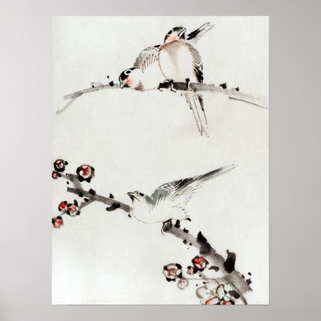 Katsushika Hokusai Three Birds Perched on Branches Poster (Front)