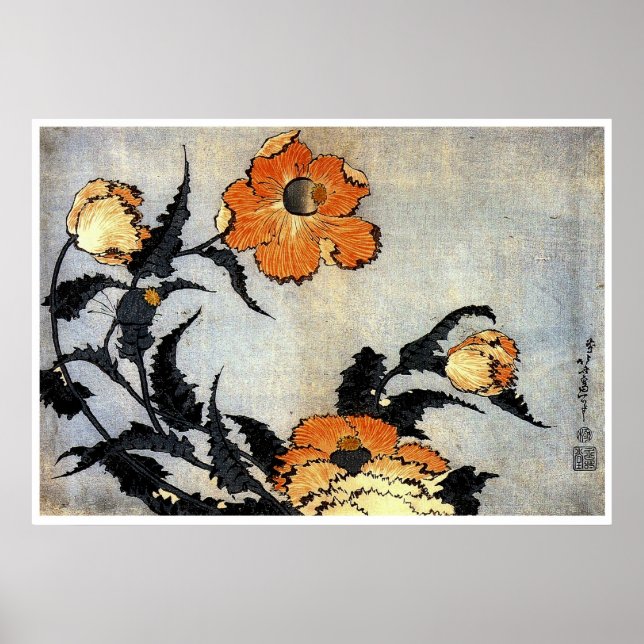 Katsushika Hokusai Ukiyo-e Woodcut Print - Poppies (Front)