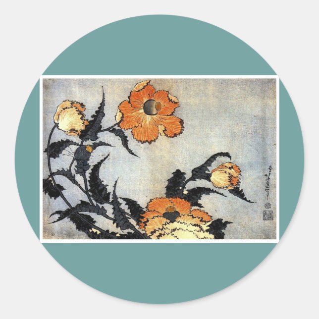 Katsushika Hokusai Ukiyo-e Woodcut Print - Poppies Classic Round Sticker (Front)