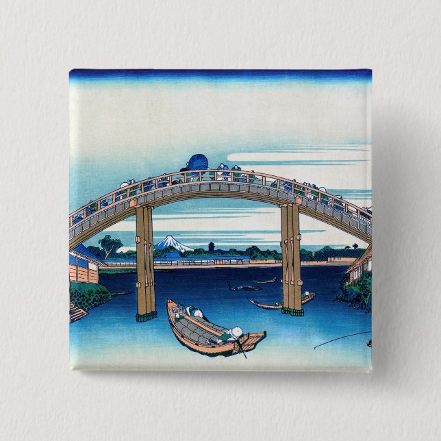 Katsushika Hokusai - Under Mannen Bridge, Fukagawa 15 Cm Square Badge (Front)