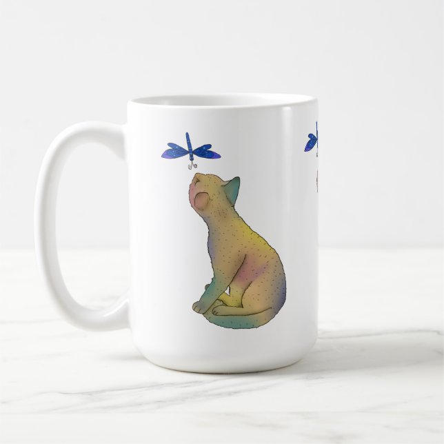 Katze und blaue Libelle Coffee Mug (Left)