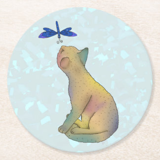 Katze und blaue Libelle Round Paper Coaster
