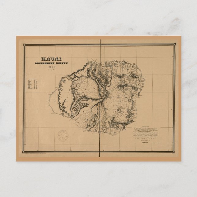 Kauai, 1878, Vintage Hawaii Map Postcard (Front)