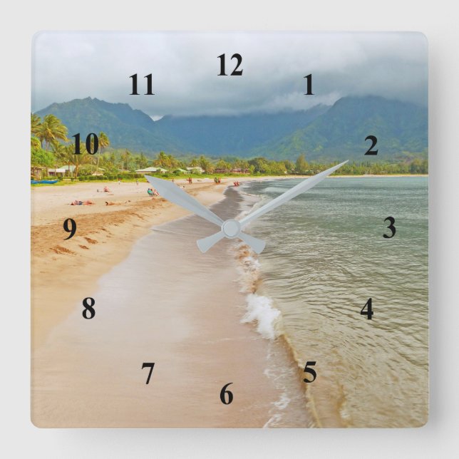 KAUAI BEACH AND MOUNTAINS WITH CLOUDS SQUARE WALL CLOCK (Front)